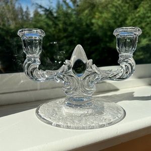 Vintage Glass New Martinsville Double Arm Candlestick Holder Meadow Wreath